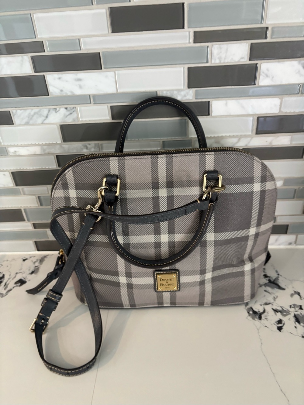 Dooney & Bourke Gray Plaid Dome Satchel with Black Trim